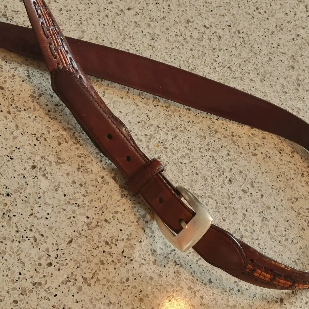 Brighton Mens Wooden Bead Genuine Leather Brown Braided Belt Silver Buckle✨️44